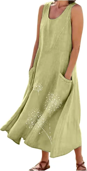 Summer Dresses for Women's 2025 Casual Cotton Linen Crewneck Sleeveless Sundress with Pocket Plus Size Boho Long Dress