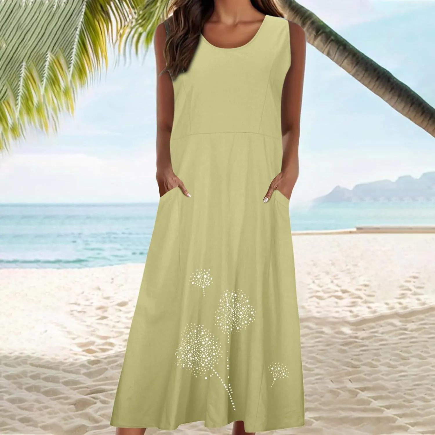 Summer Dresses for Women's 2025 Casual Cotton Linen Crewneck Sleeveless Sundress with Pocket Plus Size Boho Long Dress