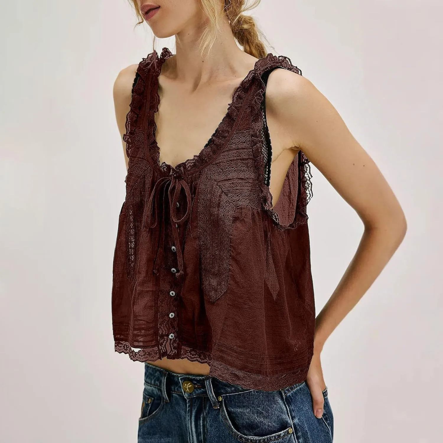 Summer Lace Camisole Tank Top for Women Cute Boho Tie Front Beach Y2K Sleeveless Shirt Crop Button Going Out Cami Tee