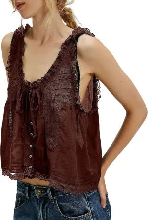 Summer Lace Camisole Tank Top for Women Cute Boho Tie Front Beach Y2K Sleeveless Shirt Crop Button Going Out Cami Tee
