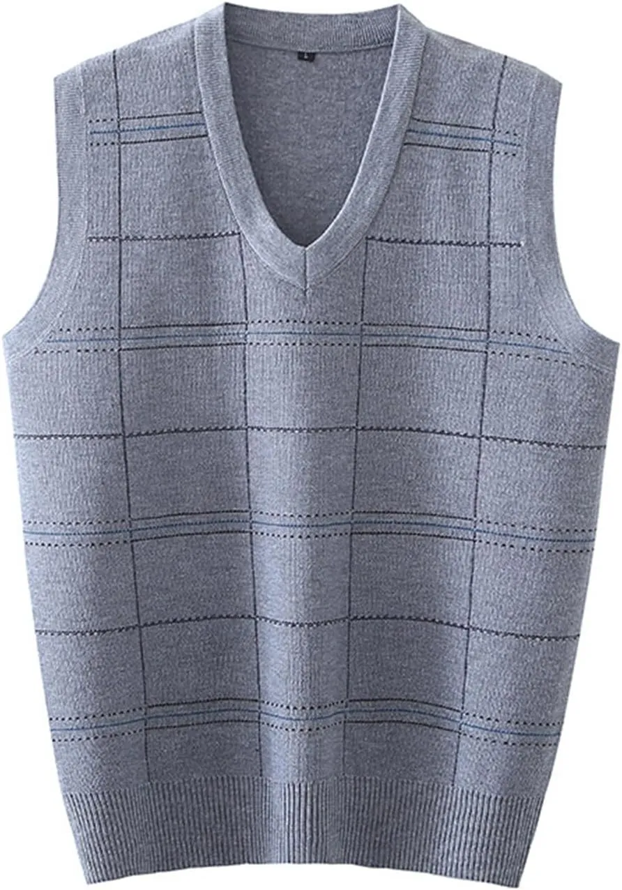 Sweater Vest Men Plaid Jacquard V Neck Pullover Sleeveless Casual Loose Knitted Jumper Tops Button Up Fashion Comfy Sweaters