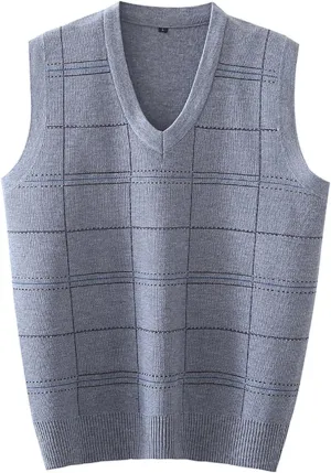 Sweater Vest Men Plaid Jacquard V Neck Pullover Sleeveless Casual Loose Knitted Jumper Tops Button Up Fashion Comfy Sweaters