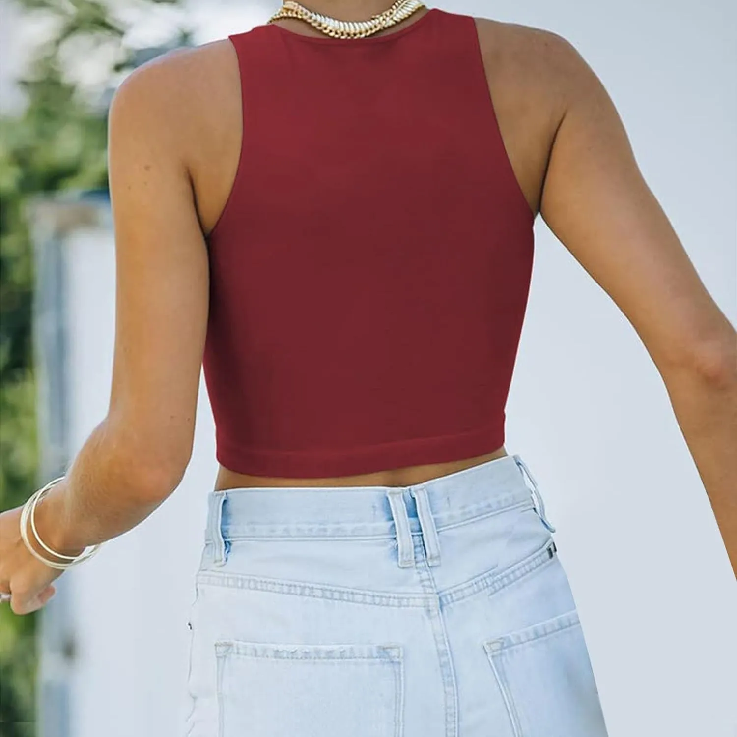 Tank Tops for Women Trendy Causal Sleeveless Crewneck Knit Slim Fitted Side Ruched Casual Basic Tshirts