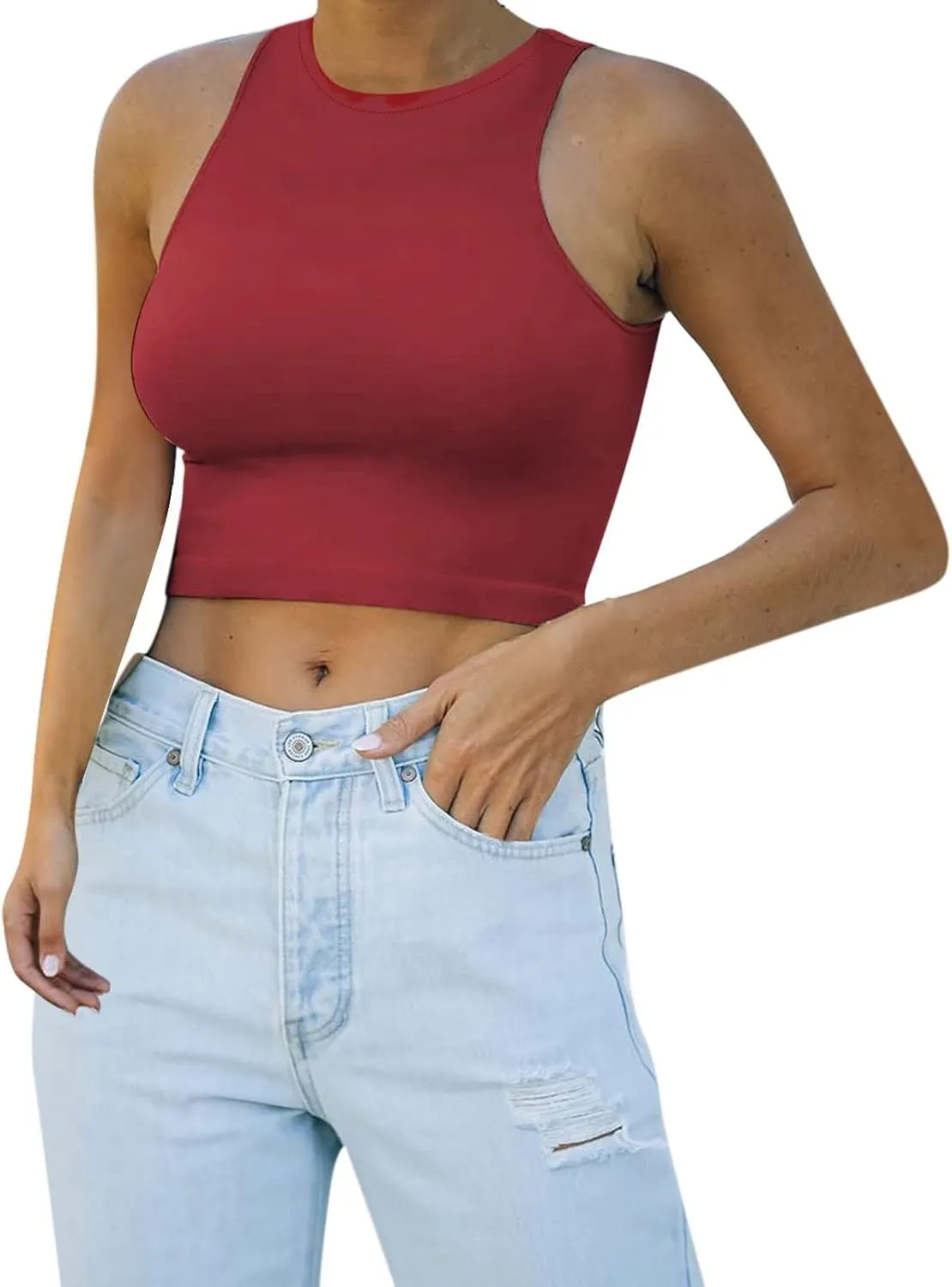 Tank Tops for Women Trendy Causal Sleeveless Crewneck Knit Slim Fitted Side Ruched Casual Basic Tshirts