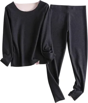 Thermal Underwear for Women, Women's Long Sleeve Lounge Sets Soft Fleece Round Neck Pj Tops with Jogger Pants