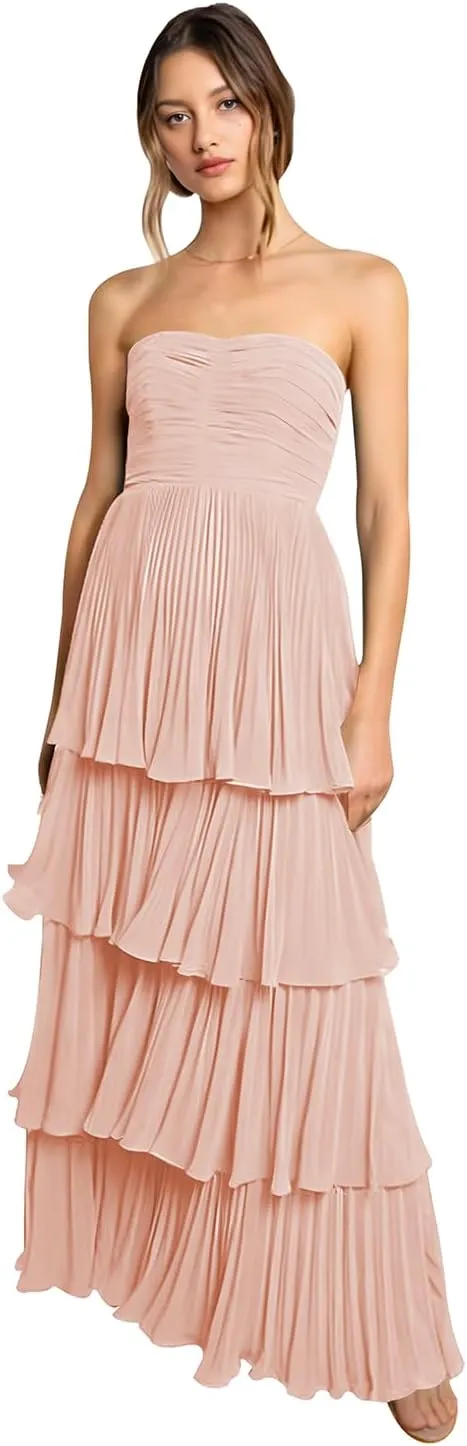 Tiered Strapless Prom Dresses for Women 2025 Modest Ruffle Chiffon Off The Shoulder Long Formal Cocktail Dresses