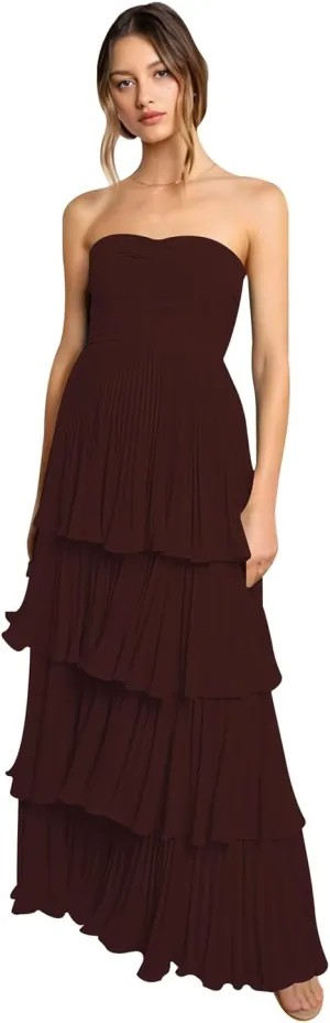 Tiered Strapless Prom Dresses for Women 2025 Modest Ruffle Chiffon Off The Shoulder Long Formal Cocktail Dresses