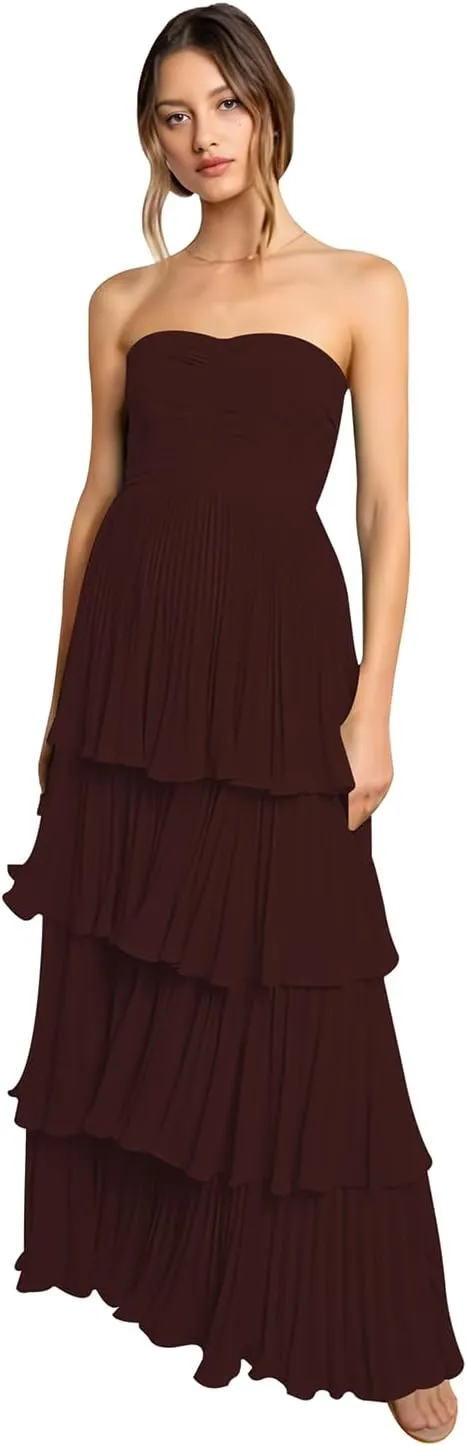 Tiered Strapless Prom Dresses for Women 2025 Modest Ruffle Chiffon Off The Shoulder Long Formal Cocktail Dresses
