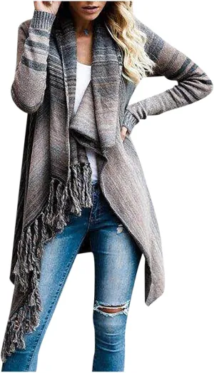 tuduoms Womens Vintage Western Cardigan Color Block Open Front Sweaters Casual Wrap Coat Chunky Knit Kimono Loose Cover Up