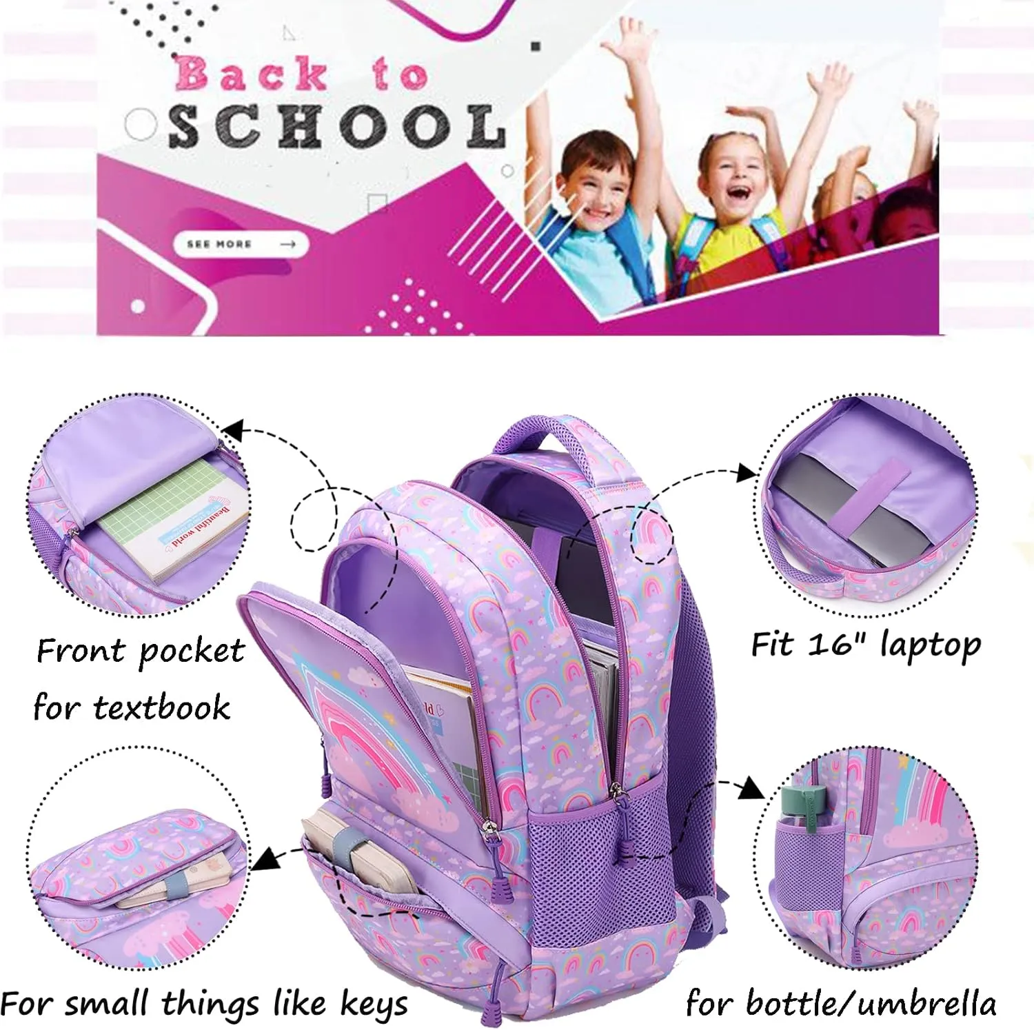 Unicorn Backpack for Girls School Backpack for Girls Unicorn Bookbag School Bag Set for Elementary Back to School