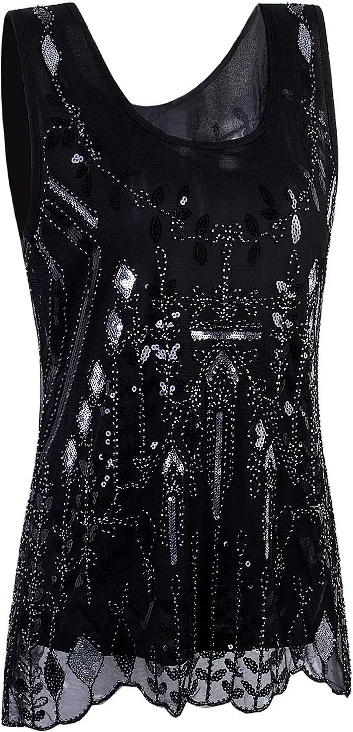 Vijiv Womens 1920s Vintage Beaded Tops Art Deco Sleeveless Embellished Sparkly Sequin Vest Tank Top