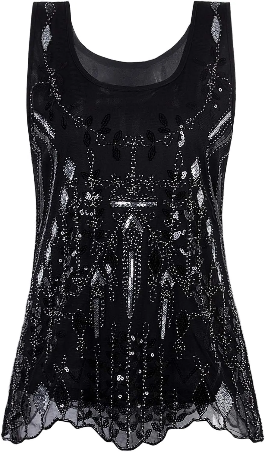 Vijiv Womens 1920s Vintage Beaded Tops Art Deco Sleeveless Embellished Sparkly Sequin Vest Tank Top