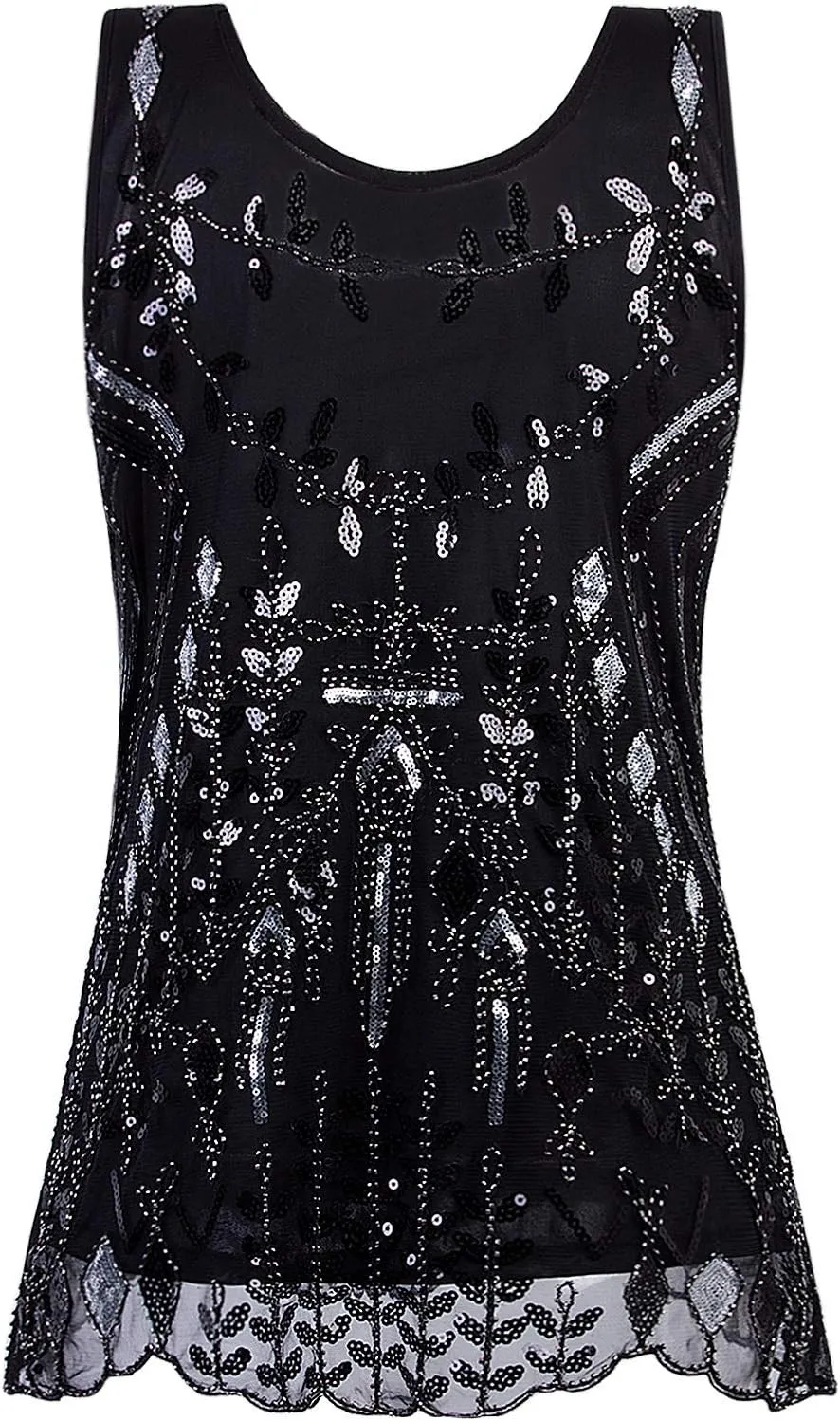 Vijiv Womens 1920s Vintage Beaded Tops Art Deco Sleeveless Embellished Sparkly Sequin Vest Tank Top