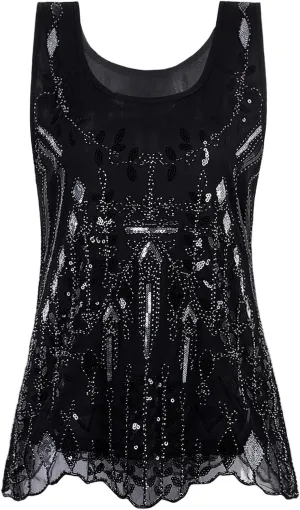 Vijiv Womens 1920s Vintage Beaded Tops Art Deco Sleeveless Embellished Sparkly Sequin Vest Tank Top