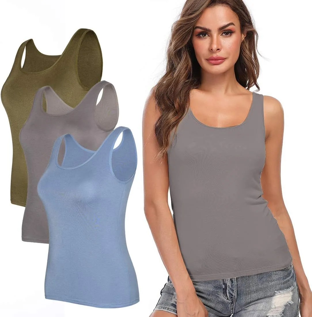 Wide Strap Camisole for Women, Built in Bra Tank Top for Yoga Sports,Plus Size Loose Cami Top for Daily Wearing Light Blue/Dark Grey/Olive Green XL