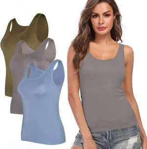 Wide Strap Camisole for Women, Built in Bra Tank Top for Yoga Sports,Plus Size Loose Cami Top for Daily Wearing Light Blue/Dark Grey/Olive Green XL