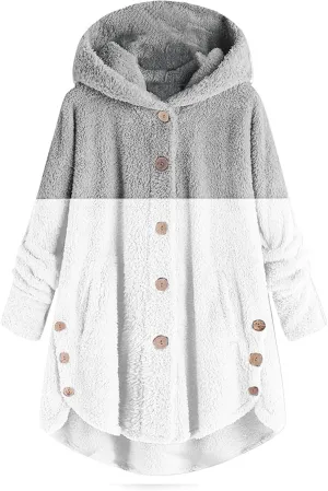 Winter Coats for Women Button Hem Plus Size Hoodie Top Sweater Blouse Color Block Patchwork Cardigan Coats Womens
