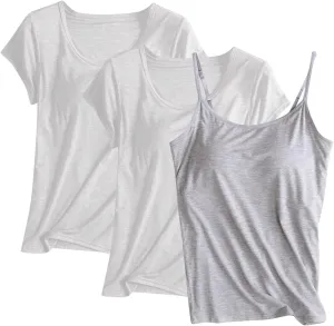 Women Active Quick Dry Stretch Shirt 3 Piece Ultra Soft Built in Bra Homewear Tops Solid Color Breathable Loungewear