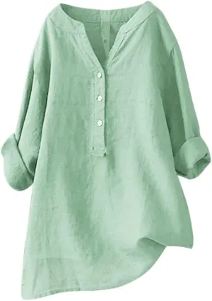 Women Button Down Shirt V-Neck Short Sleeve Linen Summer Casual Henley Blouse Top Loose Fit Tee Tops