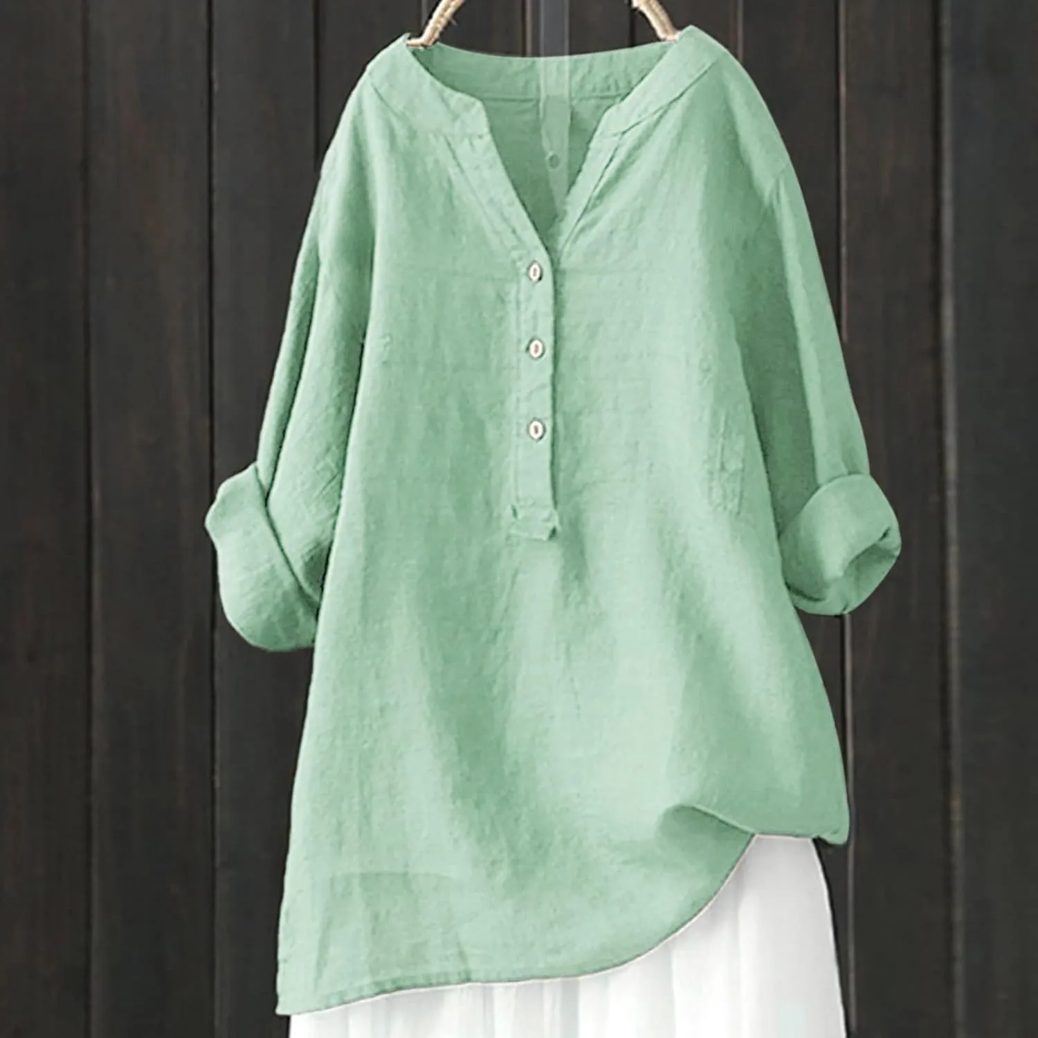 Women Button Down Shirt V-Neck Short Sleeve Linen Summer Casual Henley Blouse Top Loose Fit Tee Tops