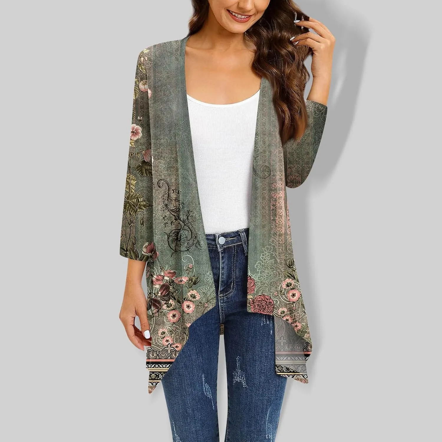 Women Cardigan 2024 3/4 Sleeve Tie Dye Funny Tops Loose Fit Lightweight Blouse Coat Shawl Collar Fall T Shirts