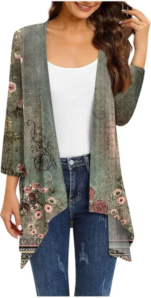 Women Cardigan 2024 3/4 Sleeve Tie Dye Funny Tops Loose Fit Lightweight Blouse Coat Shawl Collar Fall T Shirts