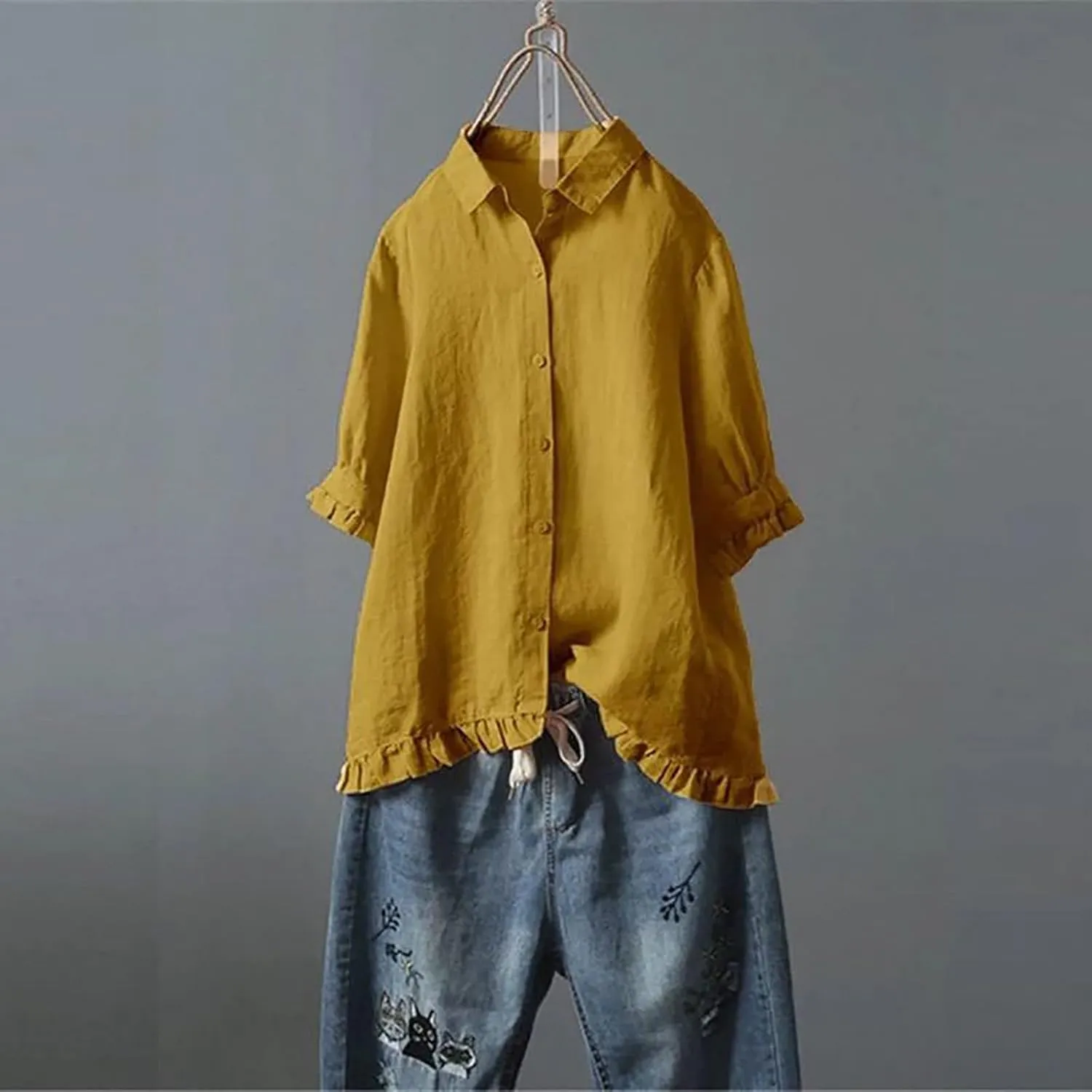 Women Linen Shirts Summer Cotton Linen Plain Long Sleeve T-Shirts Casual Plus Size Basic Crew Neck Tshirts