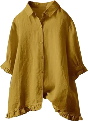 Women Linen Shirts Summer Cotton Linen Plain Long Sleeve T-Shirts Casual Plus Size Basic Crew Neck Tshirts