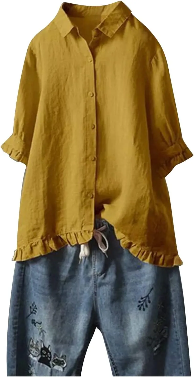 Women Linen Shirts Summer Cotton Linen Plain Long Sleeve T-Shirts Casual Plus Size Basic Crew Neck Tshirts
