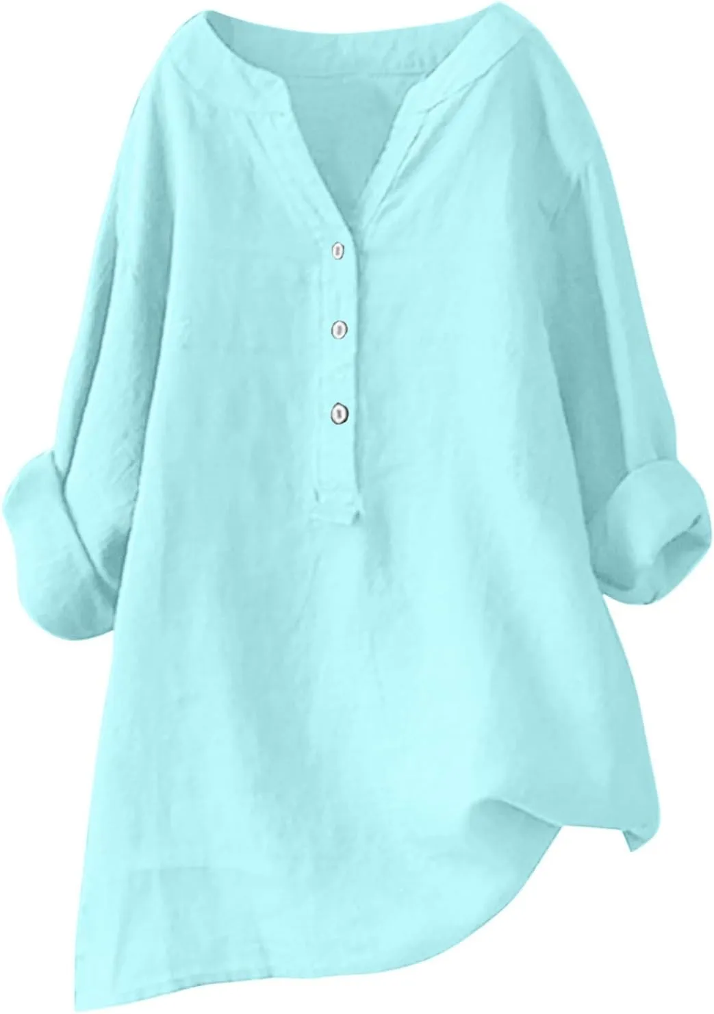 Women Linen Shirts V-Neck Button Down Blouse Collared Soft Tee Tops Short Sleeve Loose Shirts