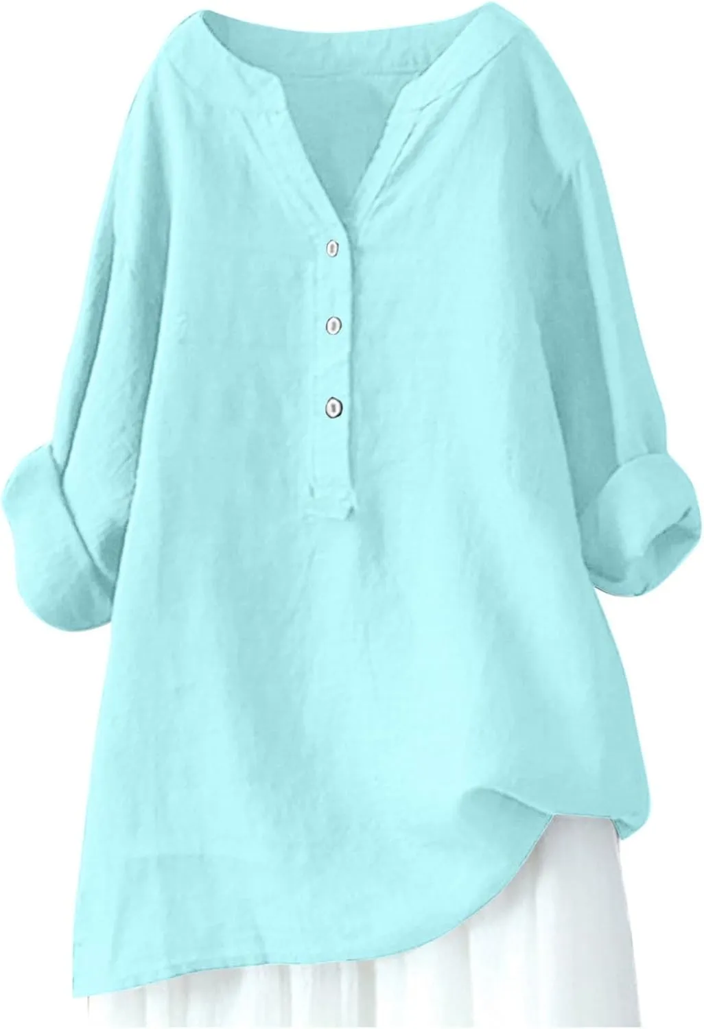 Women Linen Shirts V-Neck Button Down Blouse Collared Soft Tee Tops Short Sleeve Loose Shirts