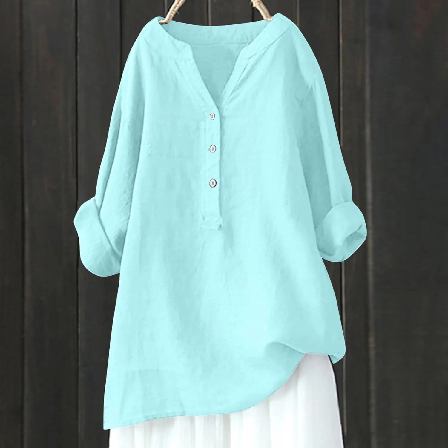 Women Linen Shirts V-Neck Button Down Blouse Collared Soft Tee Tops Short Sleeve Loose Shirts