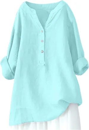 Women Linen Shirts V-Neck Button Down Blouse Collared Soft Tee Tops Short Sleeve Loose Shirts
