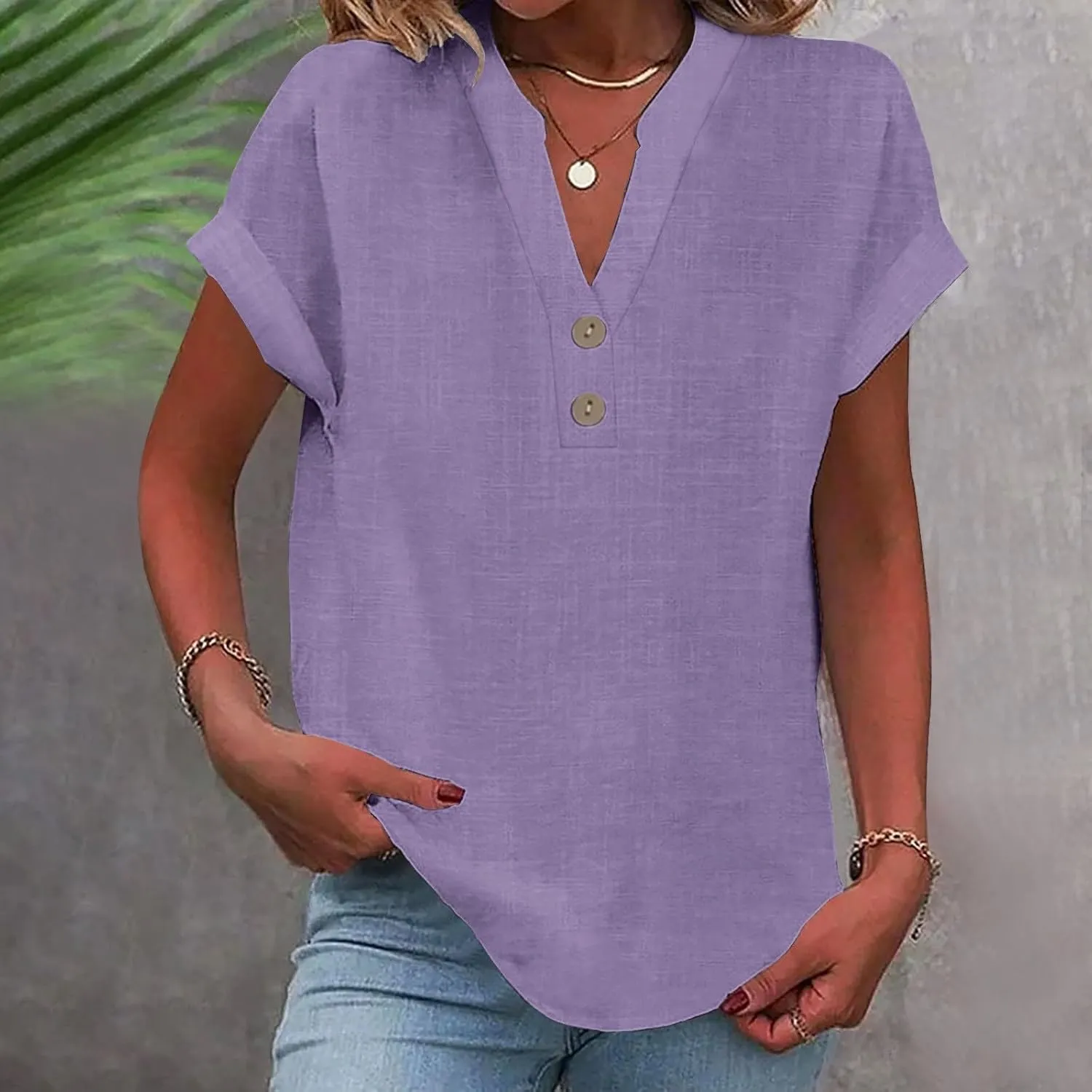 Women Linen Shirts V-Neck Buttons Blouse Plain Solid Comfy Tee Top Long Sleeve Loose T-Shirts