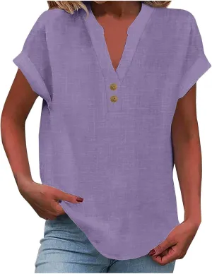 Women Linen Shirts V-Neck Buttons Blouse Plain Solid Comfy Tee Top Long Sleeve Loose T-Shirts