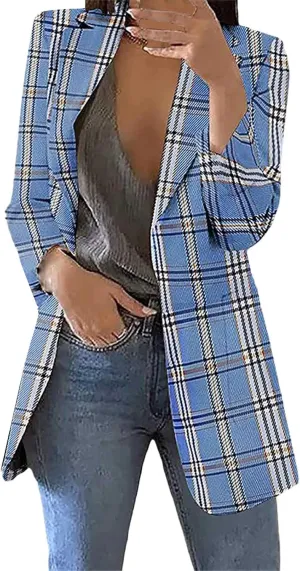 Women Plaid Sweatshirt Blazer Plus Size Notch Lapel Business Work Checkered Suit Jacket Stylish Open Front Cardigan