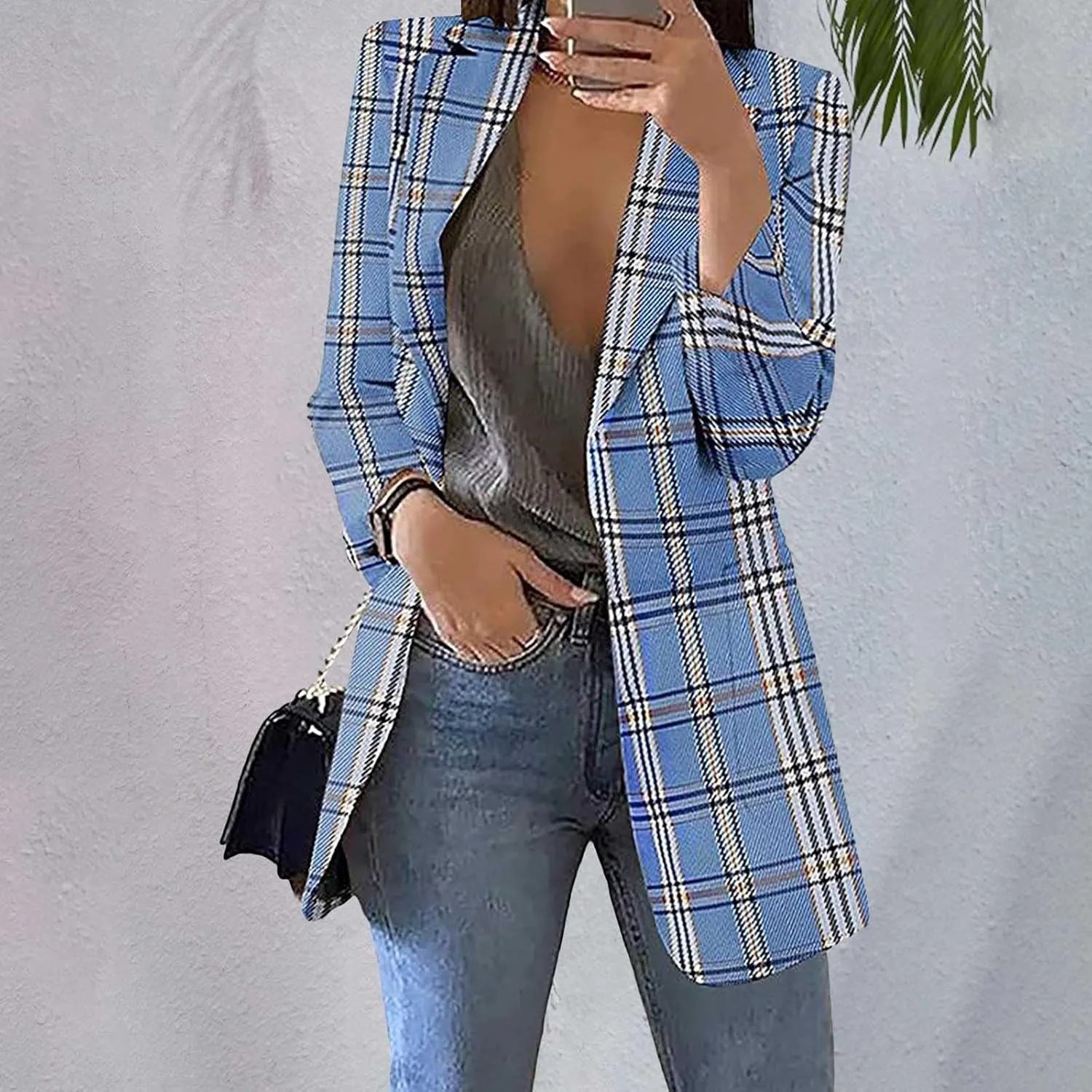 Women Plaid Sweatshirt Blazer Plus Size Notch Lapel Business Work Checkered Suit Jacket Stylish Open Front Cardigan