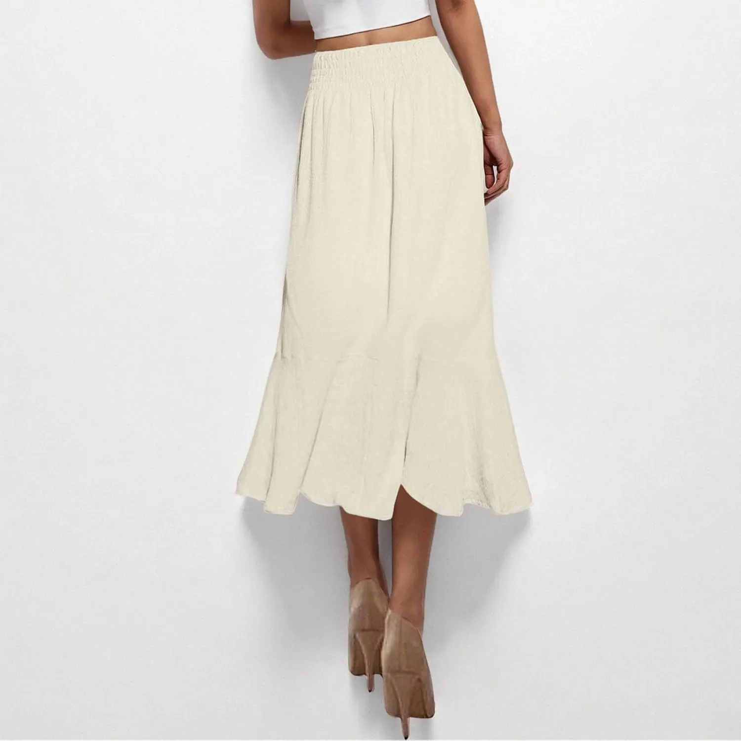 Women Slit Split High Waist Pleated Long Skirt Button Down Elastic Waist Flowy Swing Midi Skirts 2025