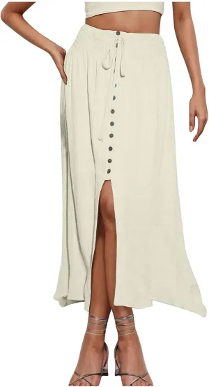 Women Slit Split High Waist Pleated Long Skirt Button Down Elastic Waist Flowy Swing Midi Skirts 2025