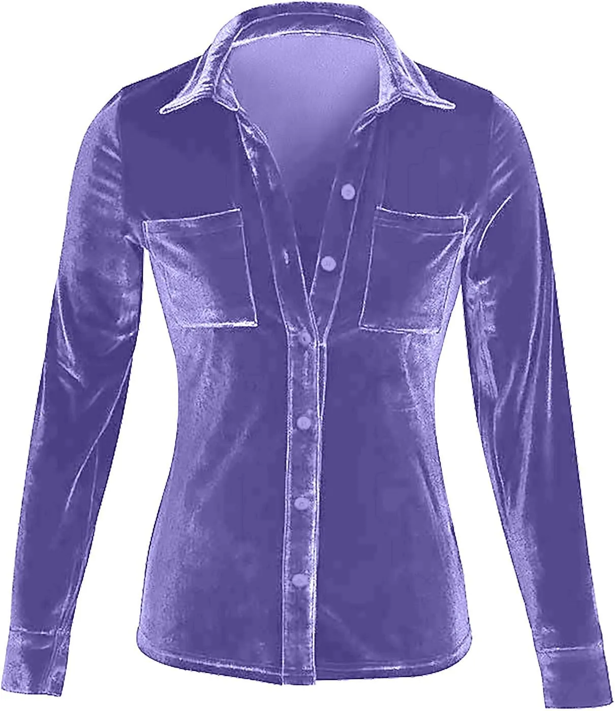 Women Vintage Velvet Shirts Fall Fashion Long Sleeve Button Down Blouses Slim Fit Casual Lapel Tunic Top with Pockets