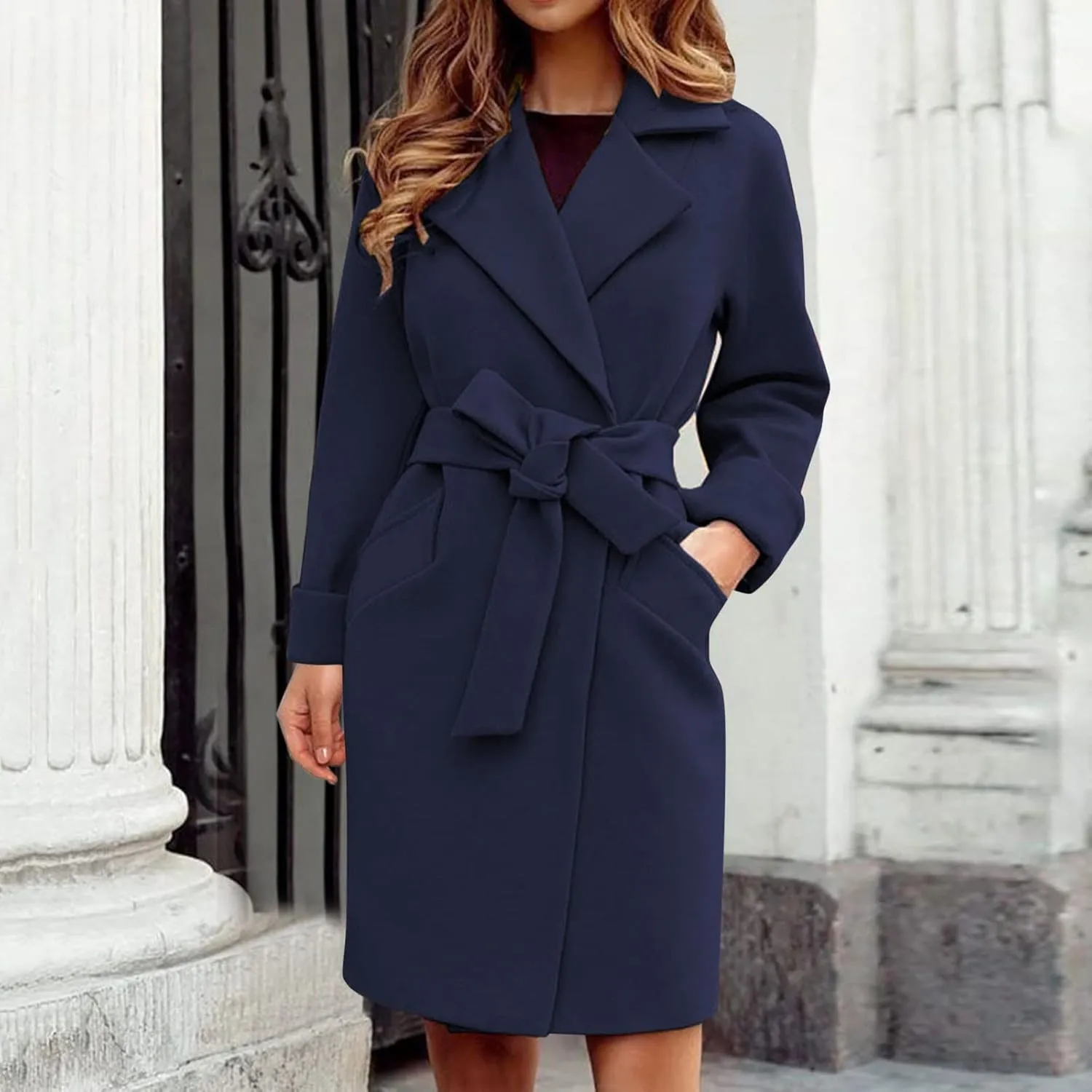 Women Winter Warm Wrap Pea Coat Elegant Lapel Open Front Belted Woolen Trench Coats Casual Mid Long Cardigan Overcoat Outwear
