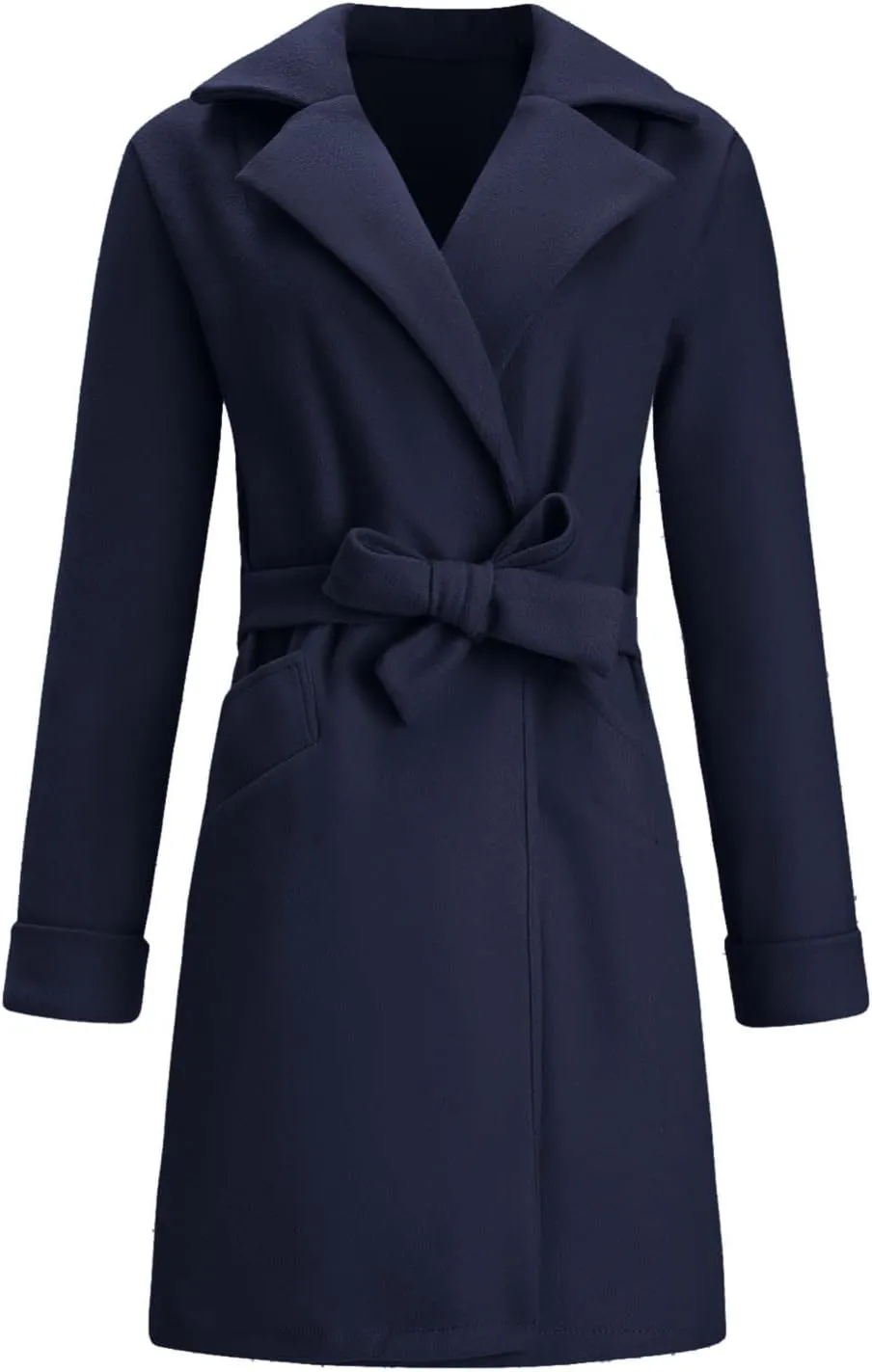 Women Winter Warm Wrap Pea Coat Elegant Lapel Open Front Belted Woolen Trench Coats Casual Mid Long Cardigan Overcoat Outwear