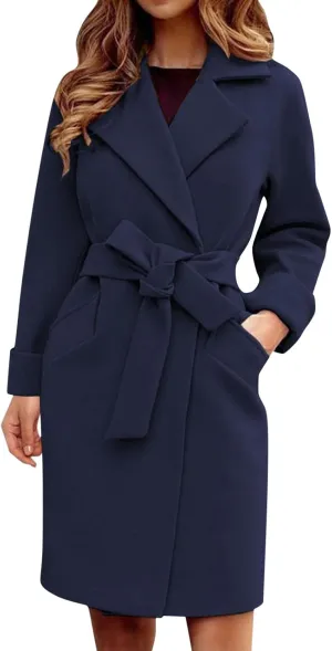 Women Winter Warm Wrap Pea Coat Elegant Lapel Open Front Belted Woolen Trench Coats Casual Mid Long Cardigan Overcoat Outwear