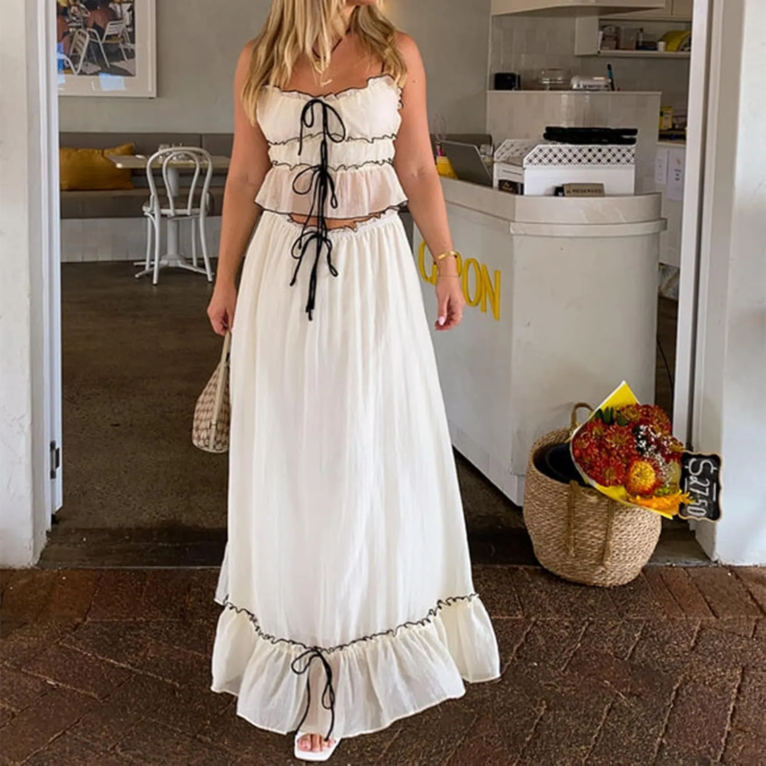 Womens 2 Piece Maxi Skirt Set Y2k Patchwork Front Tie-Up Ruched Ruffle Camisoles Long Skirts Set Beach Outfits