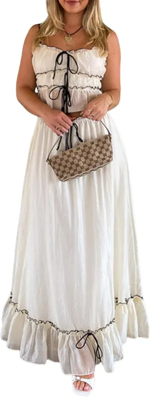 Womens 2 Piece Maxi Skirt Set Y2k Patchwork Front Tie-Up Ruched Ruffle Camisoles Long Skirts Set Beach Outfits