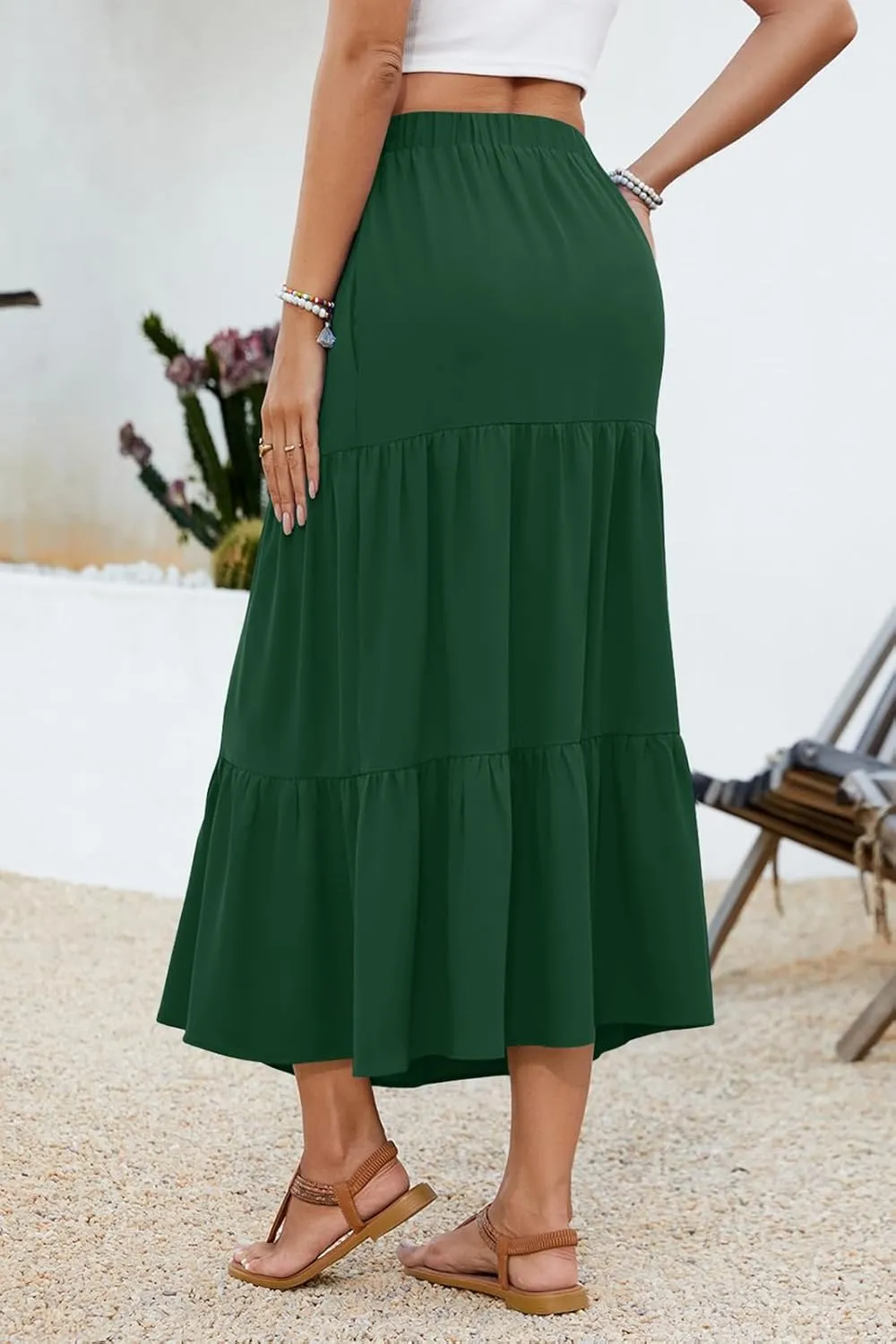 Women's 2025 Summer Boho Tiered Maxi Skirt Flowy A-Line Elastic Waist with Pockets Trendy Beach Long Skirts