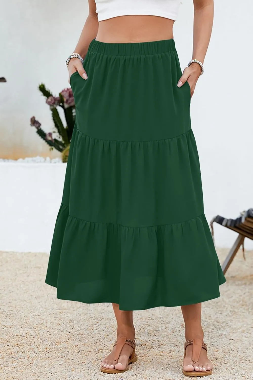 Women's 2025 Summer Boho Tiered Maxi Skirt Flowy A-Line Elastic Waist with Pockets Trendy Beach Long Skirts