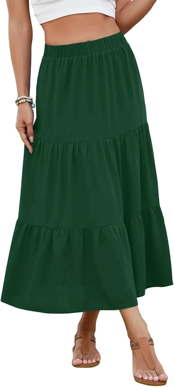Women's 2025 Summer Boho Tiered Maxi Skirt Flowy A-Line Elastic Waist with Pockets Trendy Beach Long Skirts