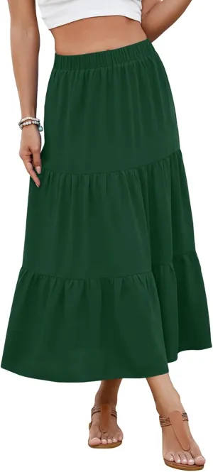 Women's 2025 Summer Boho Tiered Maxi Skirt Flowy A-Line Elastic Waist with Pockets Trendy Beach Long Skirts