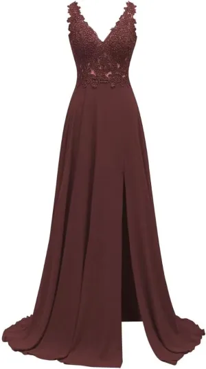 Women's Bridesmaid Dresses Long Chiffon Slit Semi Formal Dresses V-Neck Backless A-Line Evening Gowns for Wedding